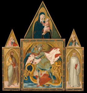 Ambrogio Lorenzetti - Rofeno Abbey Poliptykon. Den hellige erkeengel Michael dræber dragen mellem de hellige Bartholomæus